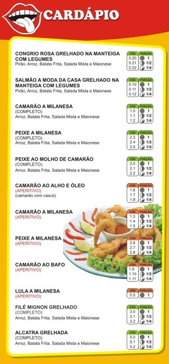 Cardápio - congrio rosa grelhado - salmão a moda da casa grelhado - camarão a milanesa - peixe a milanesa - peixe ao molho de camarao - apetivo de camarão - camarão ao bafo - lula a milanesa - filé mignon grelhado completo - alcatra grelhada completo